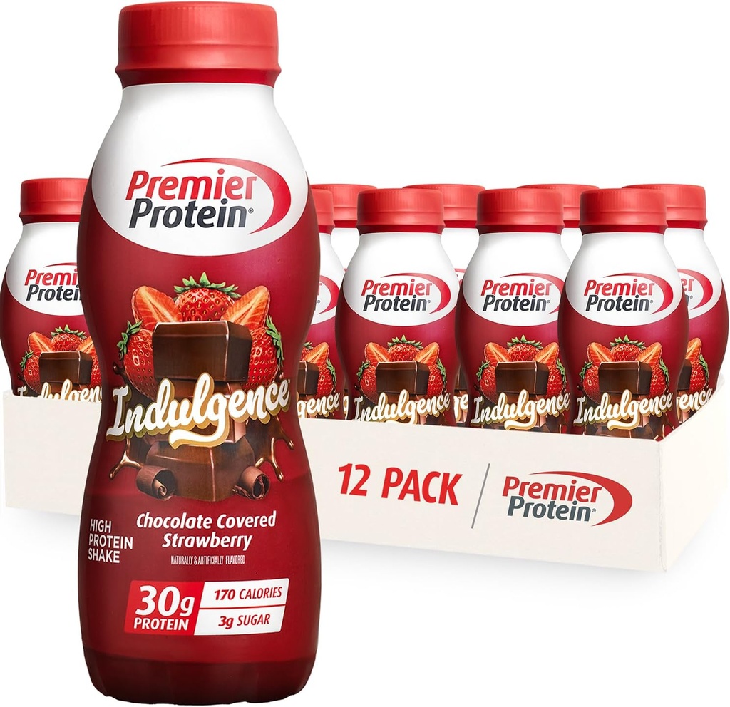 Premier Protein Indulgence Protein Shake, 30g Protein, 3g Sugar, Chocolate Covered Strawberry, 11.5 fl oz, Pack of 12