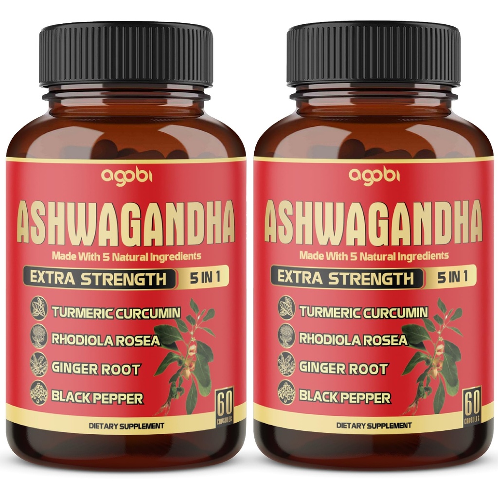2 συσκευασίες - 60 κάψουλες Ashwagandha κάψουλες - Υψηλή συμπυκνωμένη - 5in1 Formula Ashwagandha, Turmeric, Rhodiola Rosea, Ginger, Μαύρο Πιπέρι - 4 μήνες προσφοράς