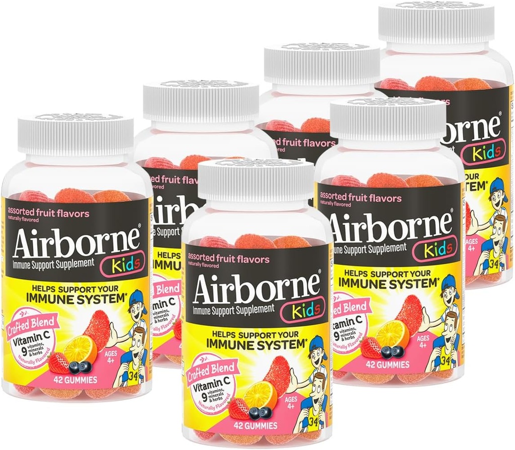 Airborne 500mg Βιταμίνη C + ψευδάργυρος Ανοσοποιητική υποστήριξη Gummies συμπλήρωμα για τα παιδιά, διάφορα φρούτα Γεύση, γλουτένη δωρεάν βιοτεχνημένη ανάμειξη με ισχυρό αντιοξειδωτικά βιταμίνες C & E, 42 Gummies (6 Pack)