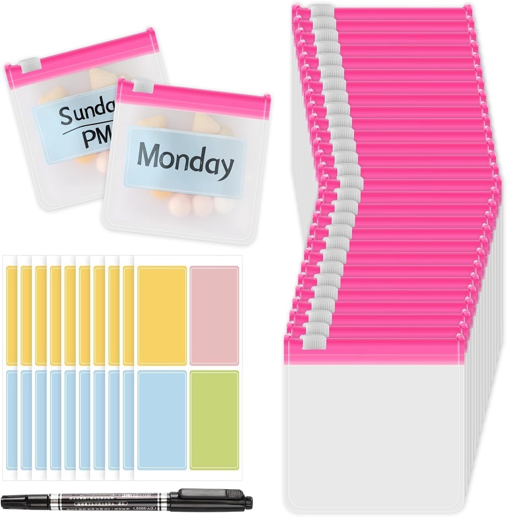 MARFOREVER 39 Pcs Χάπια Τσάντα τσέπης Χάπια Organizer, Reuseable Pill περίπτωση Τσάντα ιατρικής Tavel Χάπια, 28 PC Pink Πλαστικό Χάπια Δοχείο με Slide Lock 10 Φύλλα Ετικέτες και 1 PC Marker