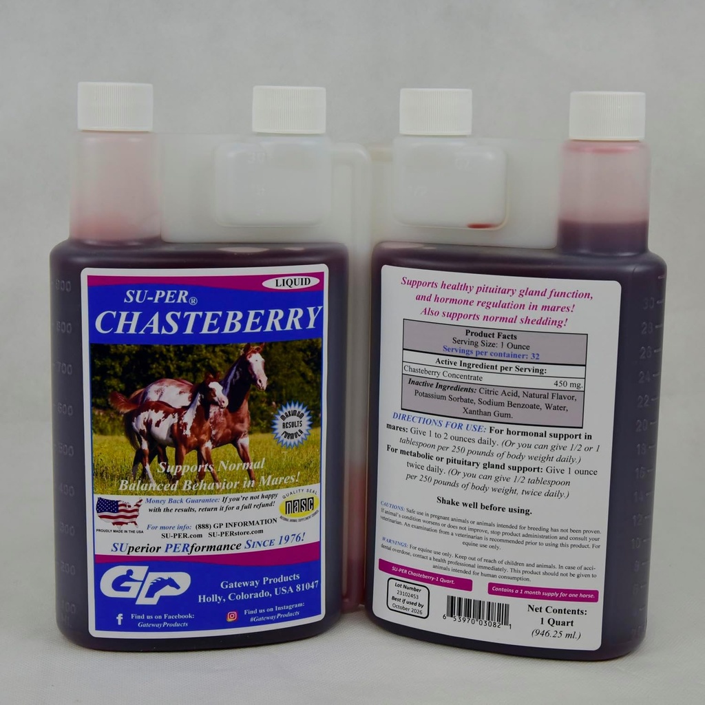 SU-PER Chasteberry Supplement for Horses - Supports Hormone Regulation & Healthy Pituitary Gland Function in Mares - Chasteberry for Horses - 1 Quart, (2 Pack)
