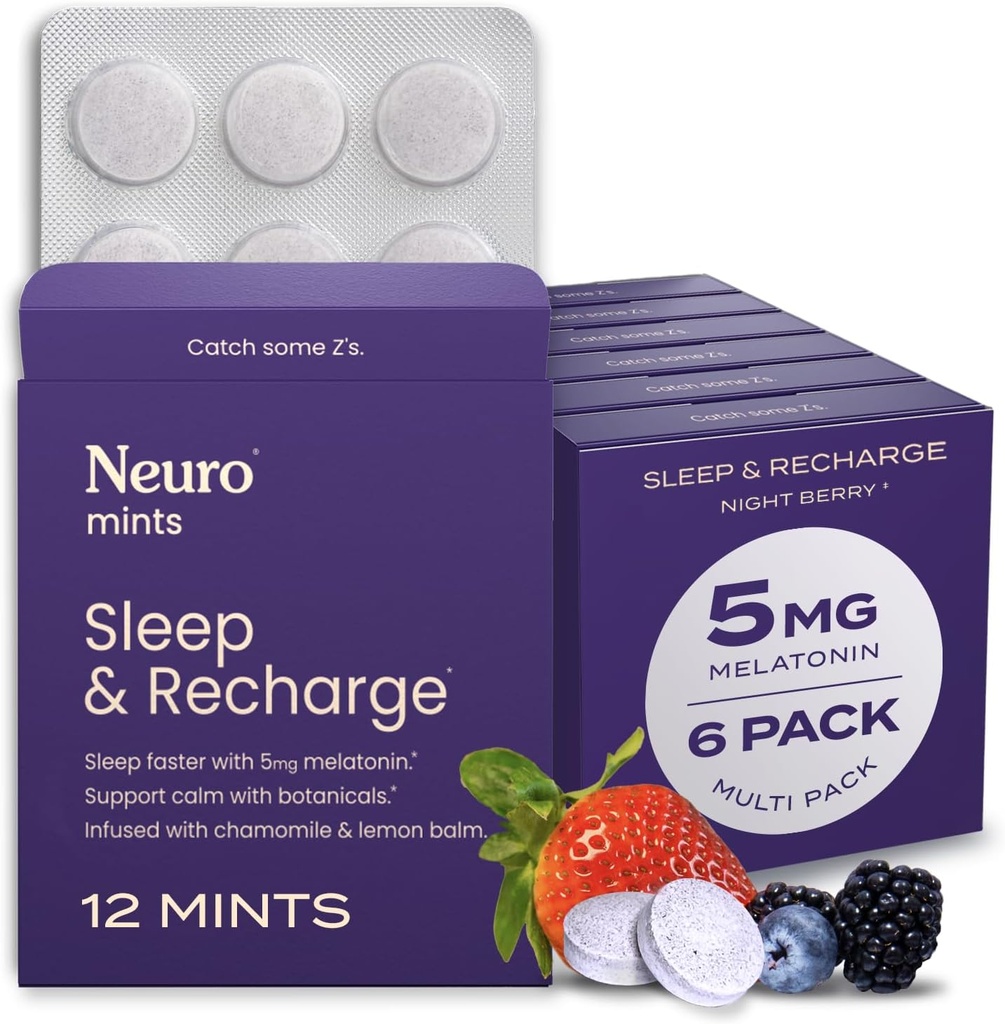 Neuro Melatonin 5mg Sleep & Recharge Mints (72 Κομμάτια) - Fast Dissolve Melatonin Sugar Free Mints with Lemon Balm & Chamomile for Better Sleep - συμπλήρωμα ήρεμου ύπνου για ενήλικες - Night Berry Flavor