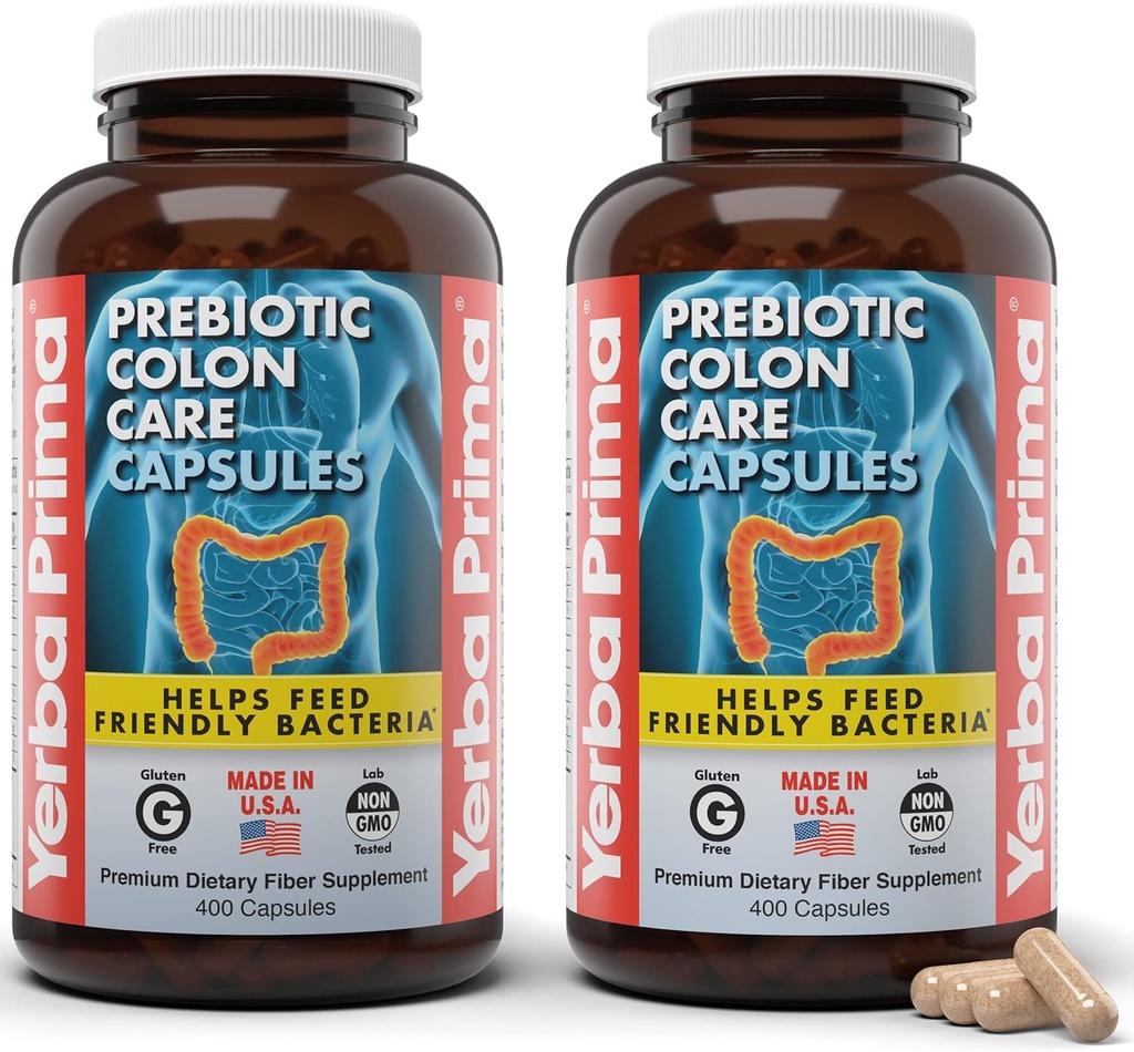 Yerba Prima Prebiotic Colon Care Caps, 400 Caps (Pack of 2) - Five Forms of Dietary Fiber Supplement - Healthy Soluble & Insolutioner Fibers for Regularity & Digestive Support