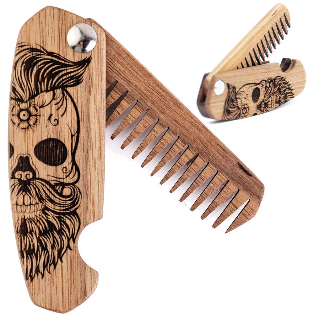 Απολαύστε το ξύλο Beard Comb για τους άνδρες, πτυσσόμενα Pocket Beard αξεσουάρ για τους άνδρες, Χαραγμένο Walnut Wooden Comb για μουστάχι, γένια & μαλλιά για τον (Half Skull)