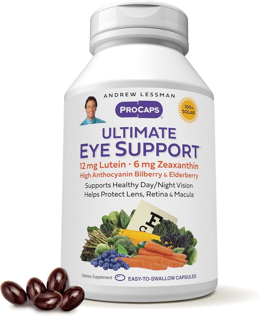 ANDREW LESSMAN Ultimate Eye Support 180 Softgels - 12mg Lutein, 6mg Zeaxanthin, Bilberry, Βασικά θρεπτικά συστατικά για την υποστήριξη της υγείας των ματιών και την προώθηση της υγιούς όρασης. Χωρίς Πρόσθετα. Εύκολο να καταπιείτε Softgels