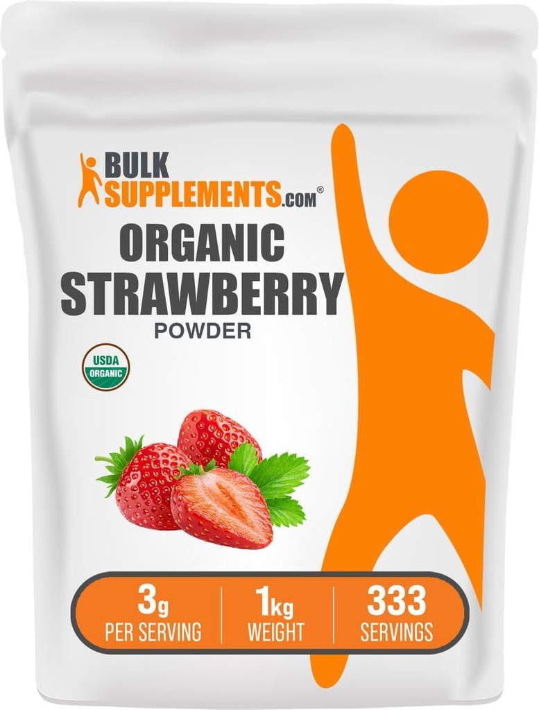 BulkSupplements.com Βιολογική σκόνη φράουλας - Φρούτα σε σκόνη από οργανικές φράουλες - Χωρίς ζάχαρη & Χωρίς γλουτένη, 3g ανά σερβίρουμε, 1kg (2,2 lbs) (πακέτο από 1)