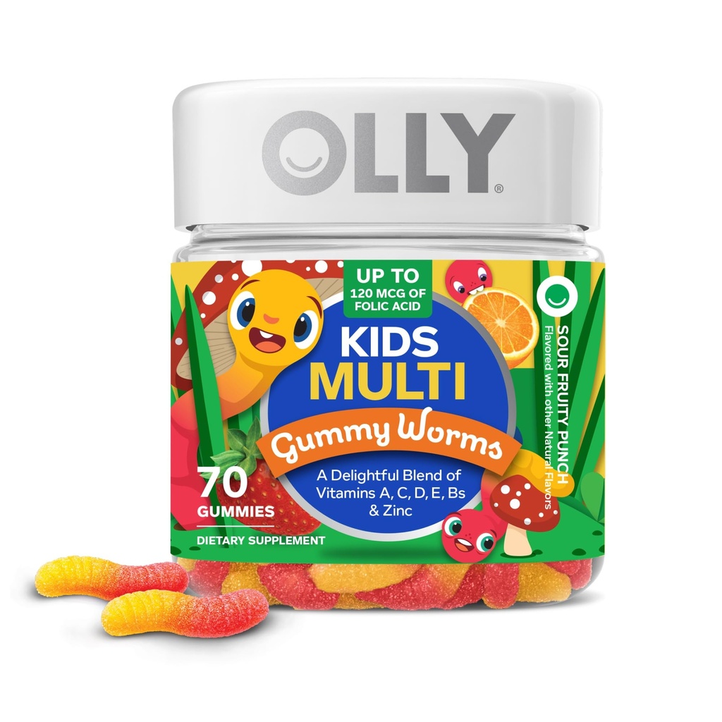 OLLY παιδιά πολυβιταμίνη Gummy Worms, συνολική υγεία και ανοσοποιητική υποστήριξη, βιταμίνες και ορυκτά A, C, D, E, Bs και ψευδάργυρος, Chewable συμπλήρωμα, Sour Fruit Punch, 45 Ημέρα προσφοράς (70 Count)