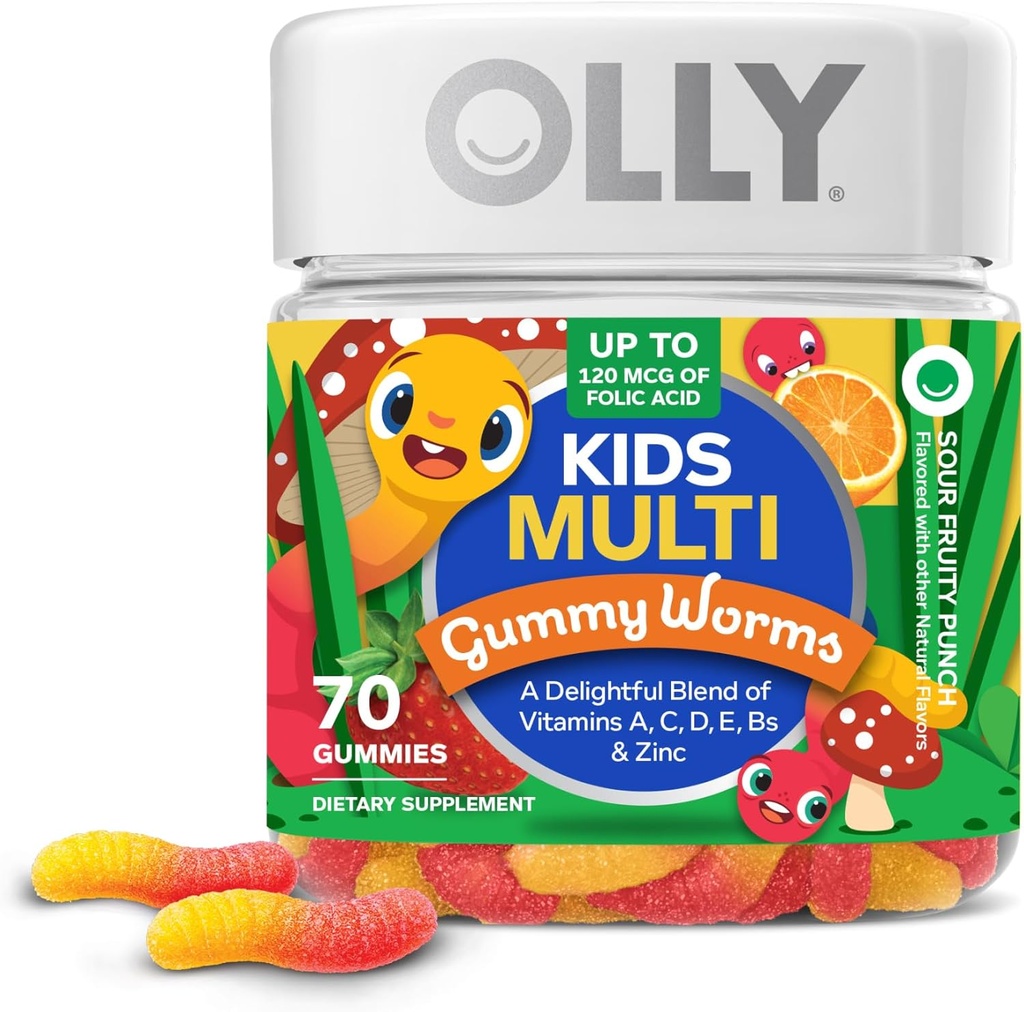 OLLY Kids Multivitamin Gummy Worms, Overall Health and Immune Support, Vitamins and Minerals A, C, D, E, Bs and Zinc, Chewable Supplement, Sour Fruit Punch, 45 Day Supply (70 Count)