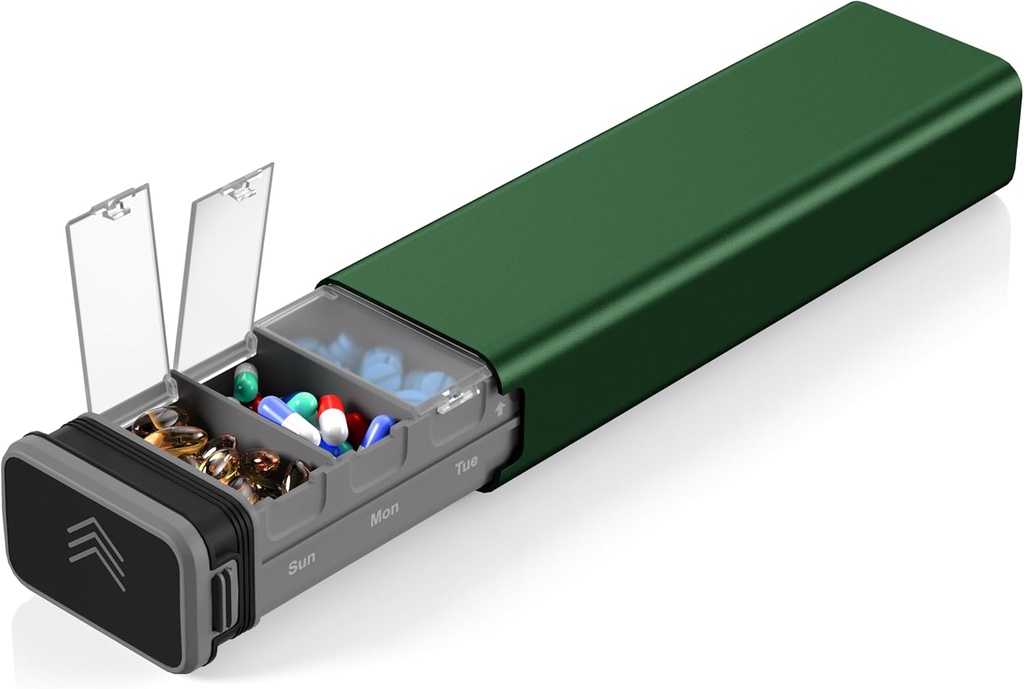 7 Dayly Metal Pill Organizer Travel, Kursoaya Premium Αλουμινίου Daily Pill Box, Χαριτωμένο Φορητή θήκη Χάπια, Μεγάλος κάτοχος Χάπια Χωρητικότητας για Συμπληρώματα, Χάπια, Βιταμίνες, Ιατρική (Hunter Green)