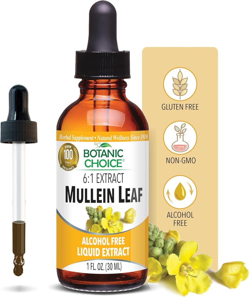 Botanic Choice Mullein Leaf Liquid Extract, Χωρίς αλκοόλη, Χωρίς γλουτένη, Παραδοσιακή αναπνευστική υποστήριξη 1 Fl. Oz.