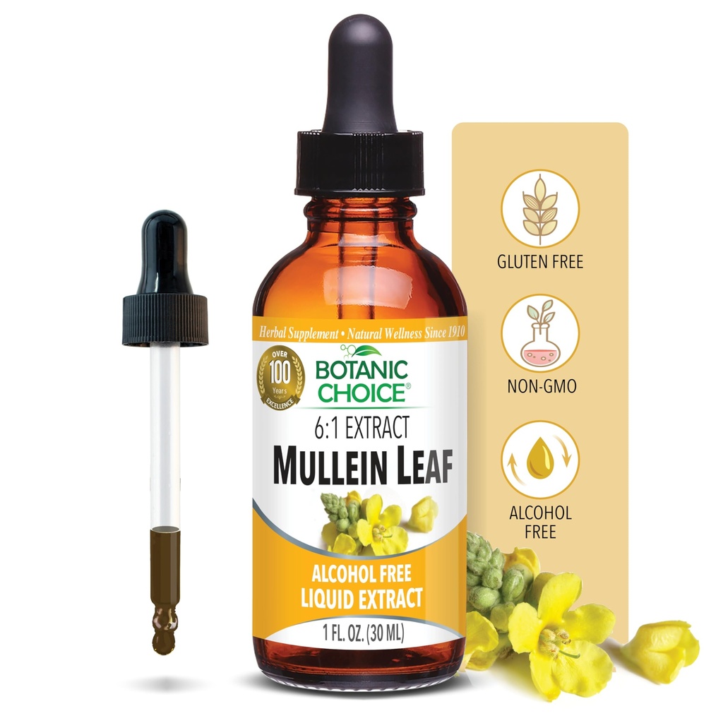 Botanic Choice Mullein Leaf Liquid Extract, Χωρίς αλκοόλη, Χωρίς γλουτένη, Παραδοσιακή αναπνευστική υποστήριξη 1 Fl. Oz.