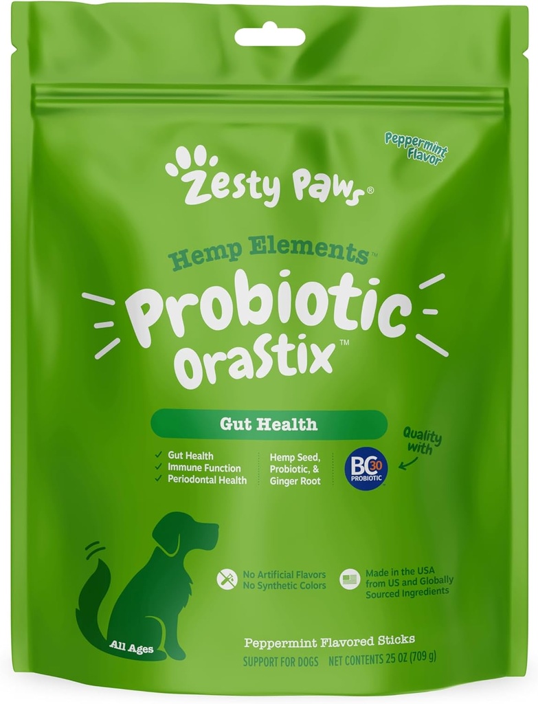 Zesty Paws OraStix για σκύλους - Probiotic Sticks με κάνναβη Σπόροι Curcumin Ginger Root Taurine - Υποστηρίζει λειτουργία του εντέρου Φλώρα ανοσοποιητικό σύστημα Ιδιοκτησία υγιή δόντια Gum Blend - 25oz