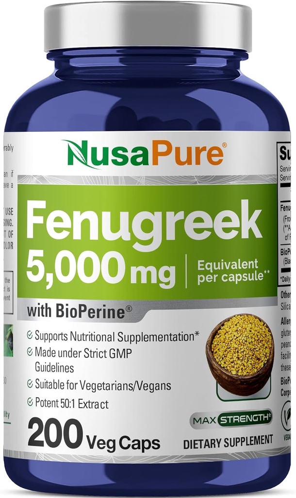NusaPure Fenugreek Κάψουλες, 50:1 Εκχύλισμα, 100 mg Ισοδύναμο με 5.000mg, 200 Veggie Caps, Μη ΓΤΟ, Vegan