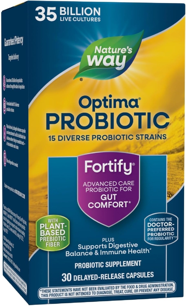 Nature's Way Fortify Optima Probiotic for Adults, 35 Billion Live Cultures, 15 Strains, Supports Digestive Balance and Immune Health*, No Refrigeration Required, 30 Capsules (Packaging May Vary)