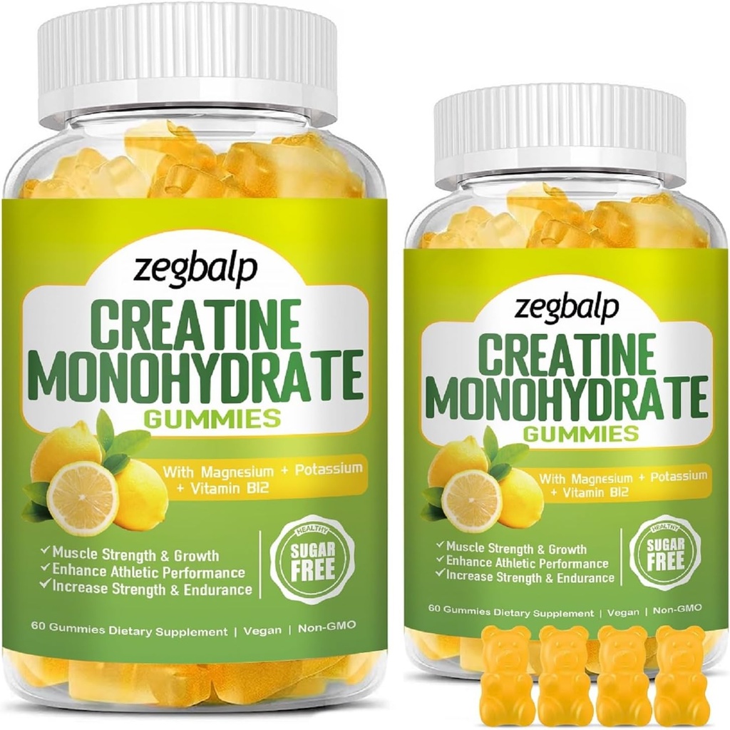 Sugar Free Creatine Monohydrate Supplement Gummies for Men & Women Creatine Monohydrate with Magnesium & Vitamin B12 For Muscle Strength & Growth, Energy Boost, Pre-Workout Supplementm, 120 Counts