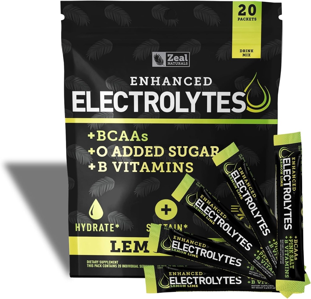 Enhanced Electrolyte Powder Stick Packs (Lemon Lime | 20 Packets) w/ 0 Sugar +BCAAs +B-Vitamins Electrolyte Supplement w Potassium Zinc & Magnesium for Hydration - Keto Electrolytes