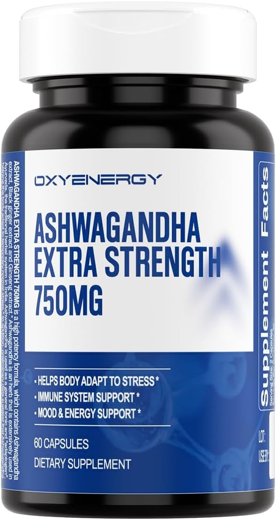 OxyEnergy Ashwagandha Extra Strength-750mg-Stress Relief - Ανοσοποιητική & Ενεργειακή Υποστήριξη - Γλουτένη, Γαλακτοκομικά & Χωρίς Σόγια - 60 Κάψουλες