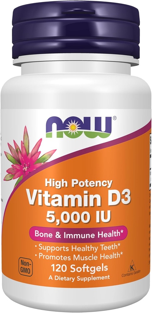 NOW Foods Supplements, Vitamin D-3 5,000 IU, High Potency, Structural Support*, 120 Softgels