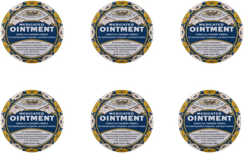 Rawleigh Medicalated Aintment: 4.5 oz Blue Tin, Topical Chest Rub for Cold, Nasal Congesion, Minor Aches and Pain, with Camphor, Menthol & Eucalyptus, Non-Grasy Formula - Συσκευασία των 6