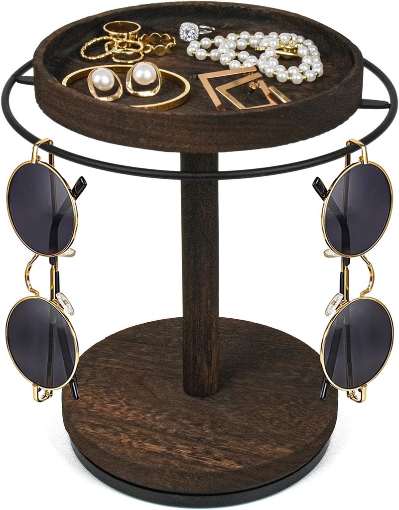 Sunglasses Organizer 360° Rotating Eyeglass Holder Stand with Wood Tray and Base, Eye Glass Display Rack for Multiple Sunglass Storage for Table Dresser Nightstand Desk