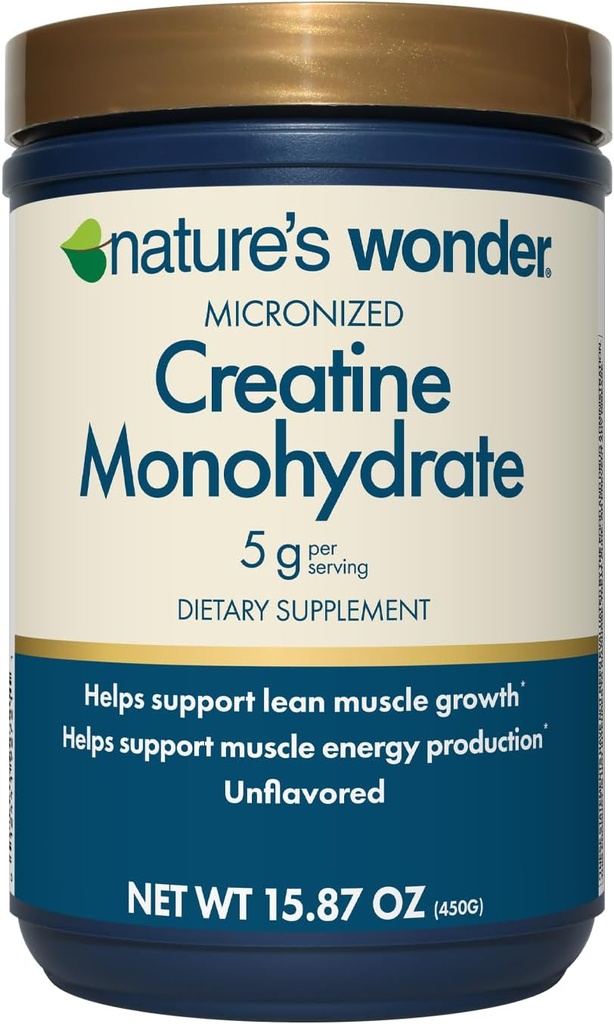Nature's Wonder Micronized Creatine Monohydrate Powder 5g, Muscle Health, Myster Energy Production, No Lactose, 5g Micronized Creatine Powder per Serving, 450G, 90 Servings