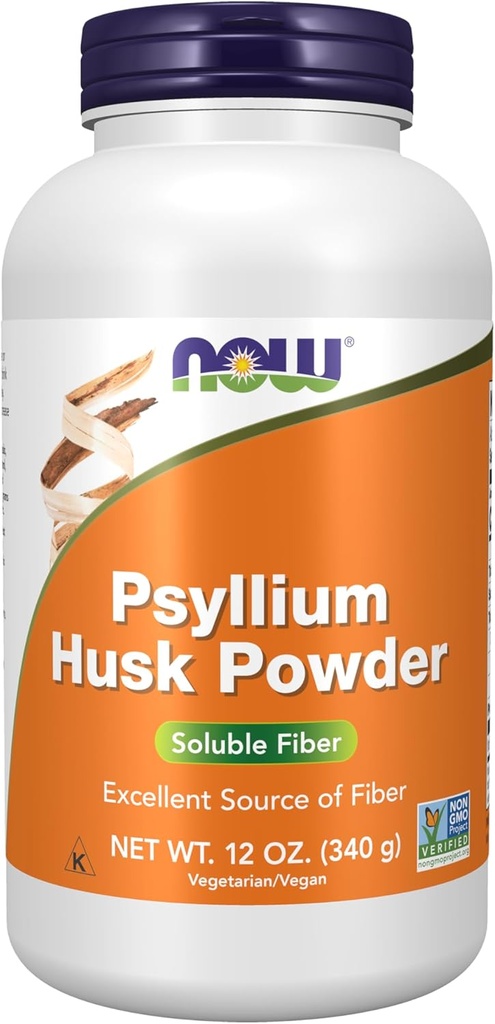 NOW Συμπληρώματα Τροφίμων, Psyllium Husk σκόνη, Μη ΓΤΟ έργο Επαληθευμένο, Διαλυτή Fiber, 12-Ounce