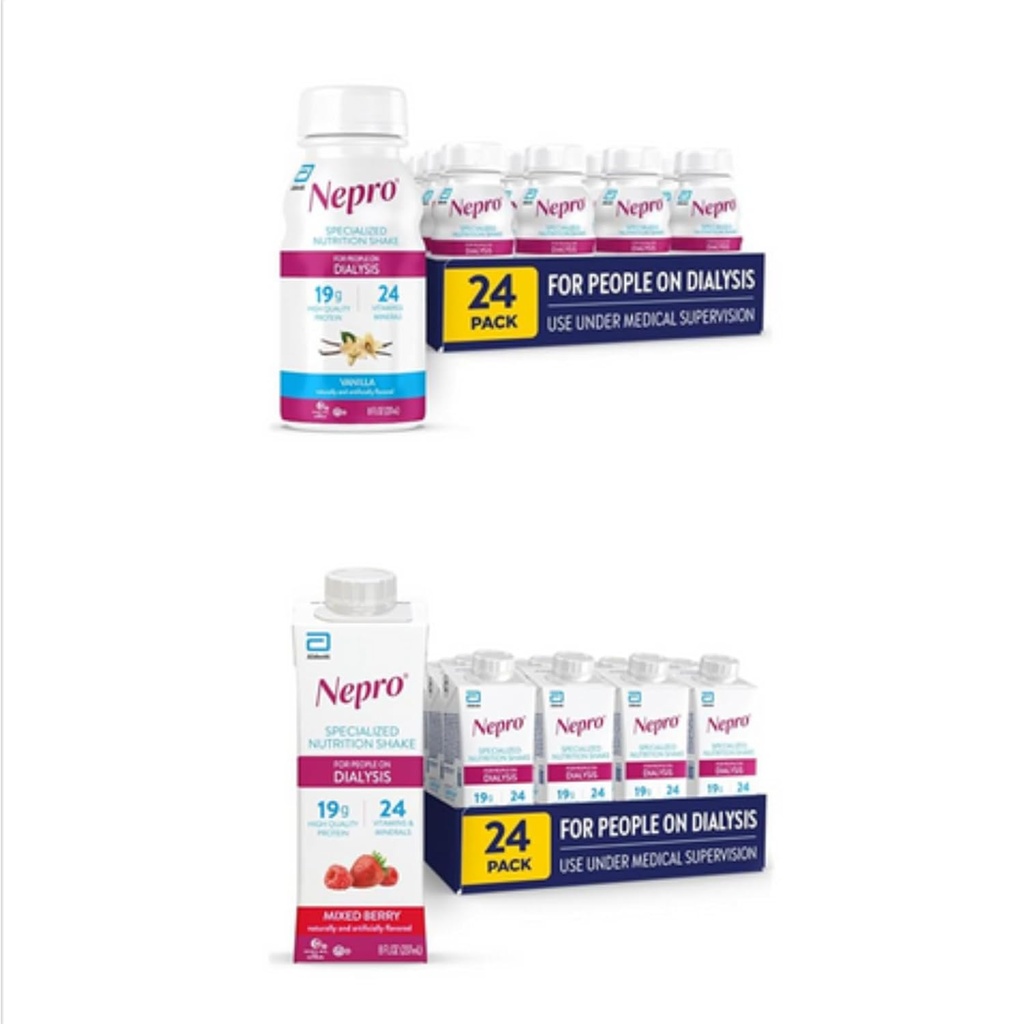 Nepro Nutrition Shake for People on Diassy, Vanilla, 8 fl oz, (Pack of 24) & Nepro Nutrition Shake for People on Diassy, Mixed Berry, 8 fl Oz (Pack of 24) 