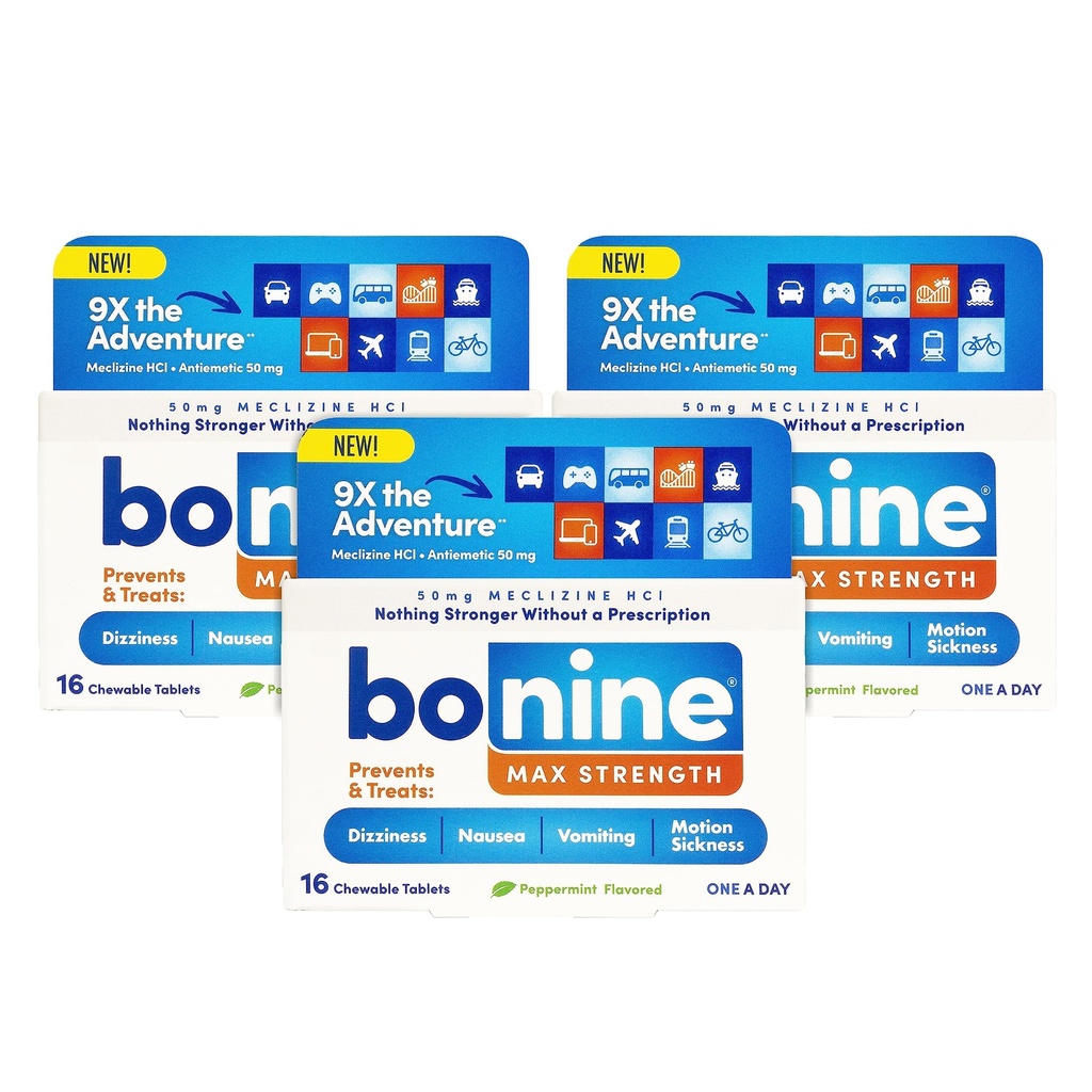 Bonine MAX Chewable for Motion Sickness Relief - with Meclizine HCL 50mg - Max Strength Formula to Treat Nausea or Motion Sickness - Cruise Essentials - Μέντα - 16 Μασώμενα Δισκία, 3 Συσκευασία