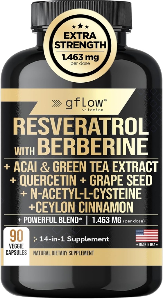 Resveratrol συμπλήρωμα με Berberine Πράσινο εκχύλισμα τσαγιού, Ceylon Κανέλα, Σπόροι σταφυλιού & Quercetin1000mg Quercetin, N Acetyl κυστεΐνη, Acai 