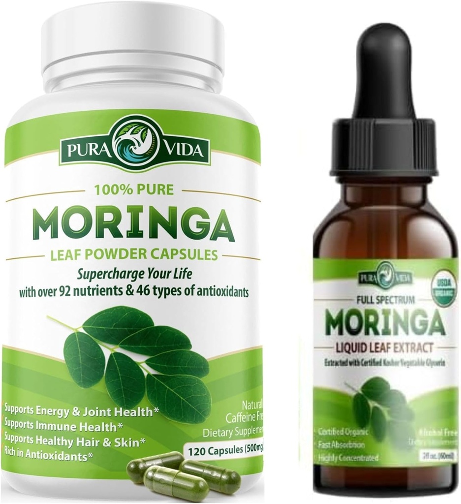 PURA VIDA MORINGA Κάψουλες (120 Count) και Moringa Leaf Extract σταγόνες (2fl oz)