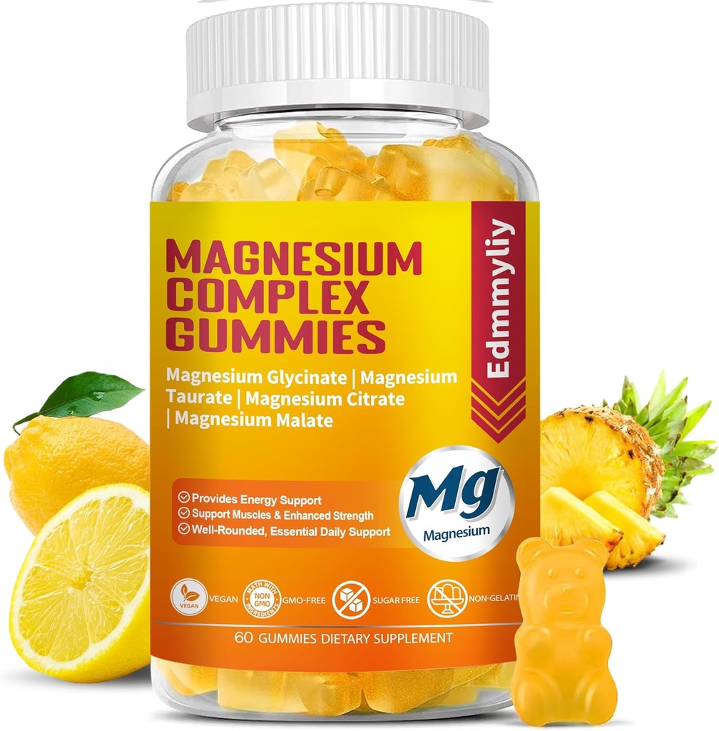 Triple Magnesium Complex Gummies Supplement for Women & Men Sugar Free Υψηλή Απορρόφηση Γλυκινικό μαγνήσιο, Taurate, Malate, Citrate Complex Supplement with Vitamin B6, B12 & D3 for Adult...