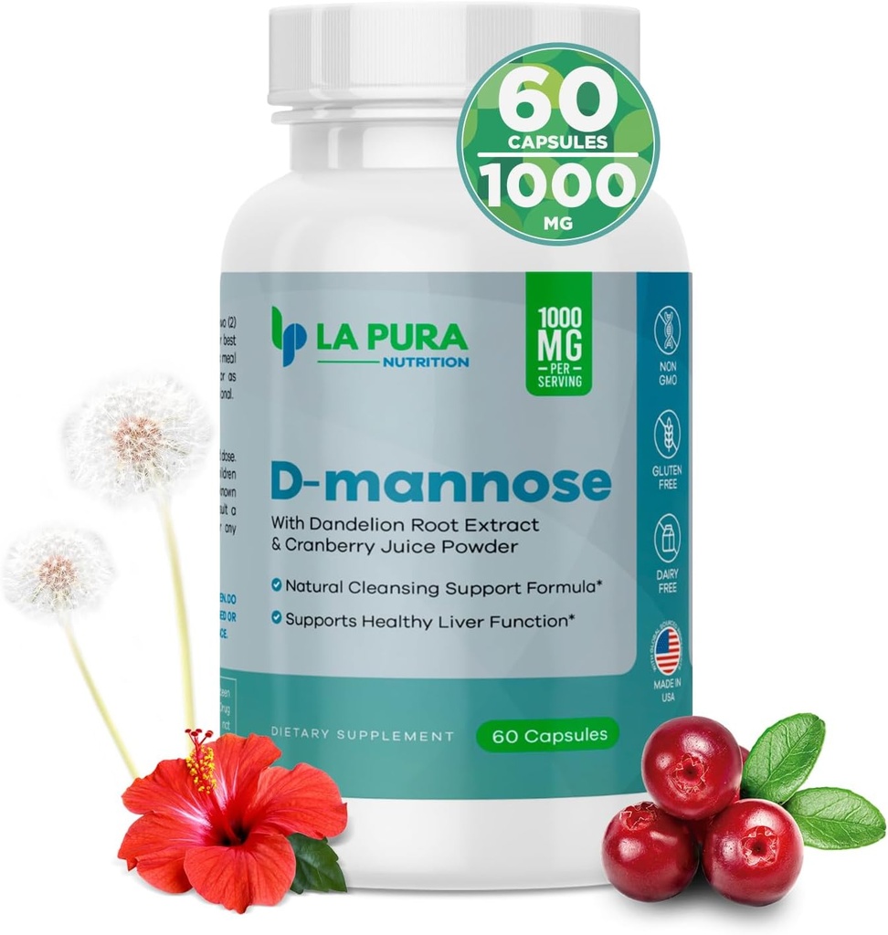 LaPura D-mannose 1000 mg συμπλήρωμα με Cranberry Juice Powder, Hibiscus Flower & Dandelion Herb Extract, 60 κάψουλες - Φυσική υποστήριξη καθαρισμού, υγιές συκώτι, Bladder, λειτουργία ουροφόρων οδών