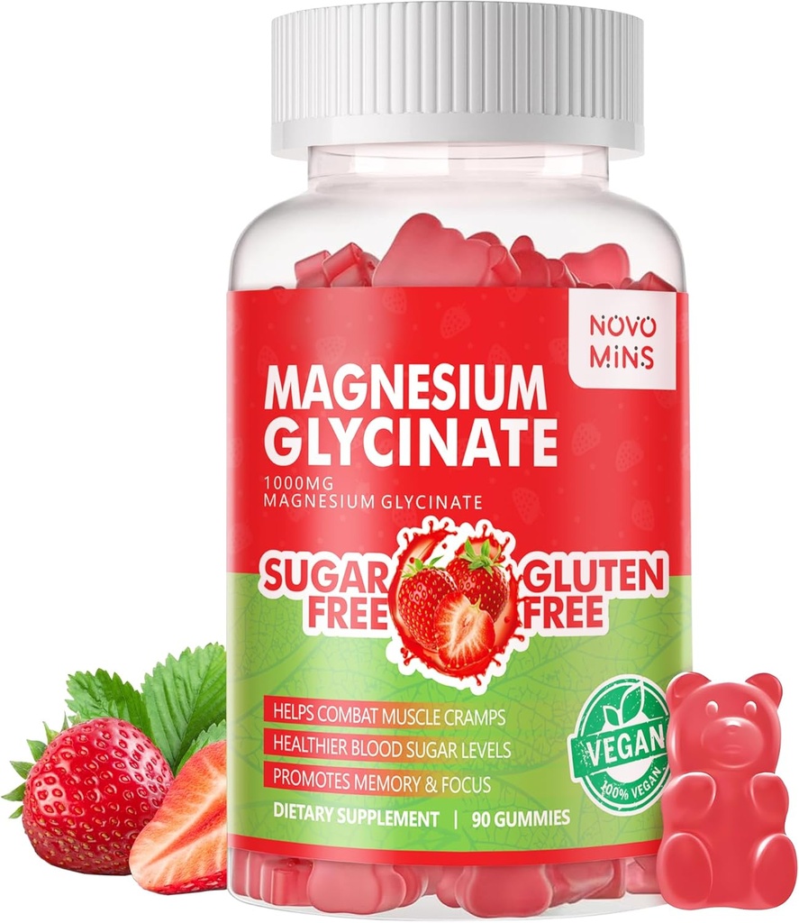 90 CT Γλυκινικό Μαγνήσιο Gummies - Συμπλήρωμα μαγνησίου χωρίς ζάχαρη με βιταμίνη D, B6, CoQ10 για υποστήριξη ηρεμίας & ύπνου - 90 Gummies Φράουλα