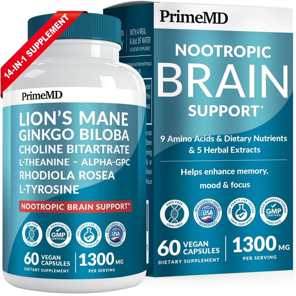 14-σε-1 Lions Mane Συμπληρώματα Κάψουλες - Nootropic Συμπλήρωμα εγκεφάλου με Ginkgo Biloba για την υποστήριξη εγκεφάλου, μνήμης και εστίασης - Alpha GPC, L Theanine & Choline Συμπληρώματα με 1300mg ανά υπηρεσία (60 ct)