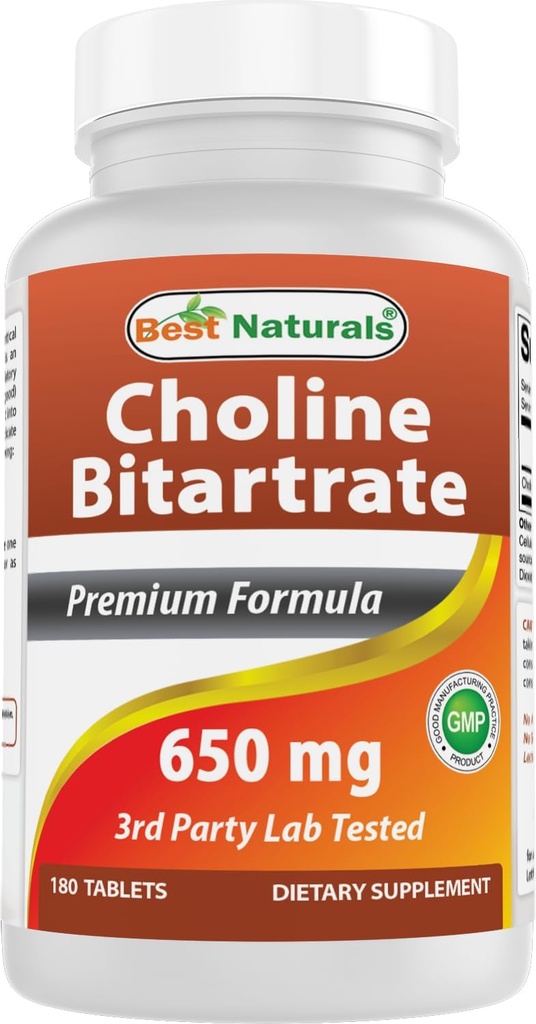 Best Naturals Choline Bitartrate 650 mg (Non- GMO) για υγιή γνωστική λειτουργία εγκεφάλου 180 δισκία