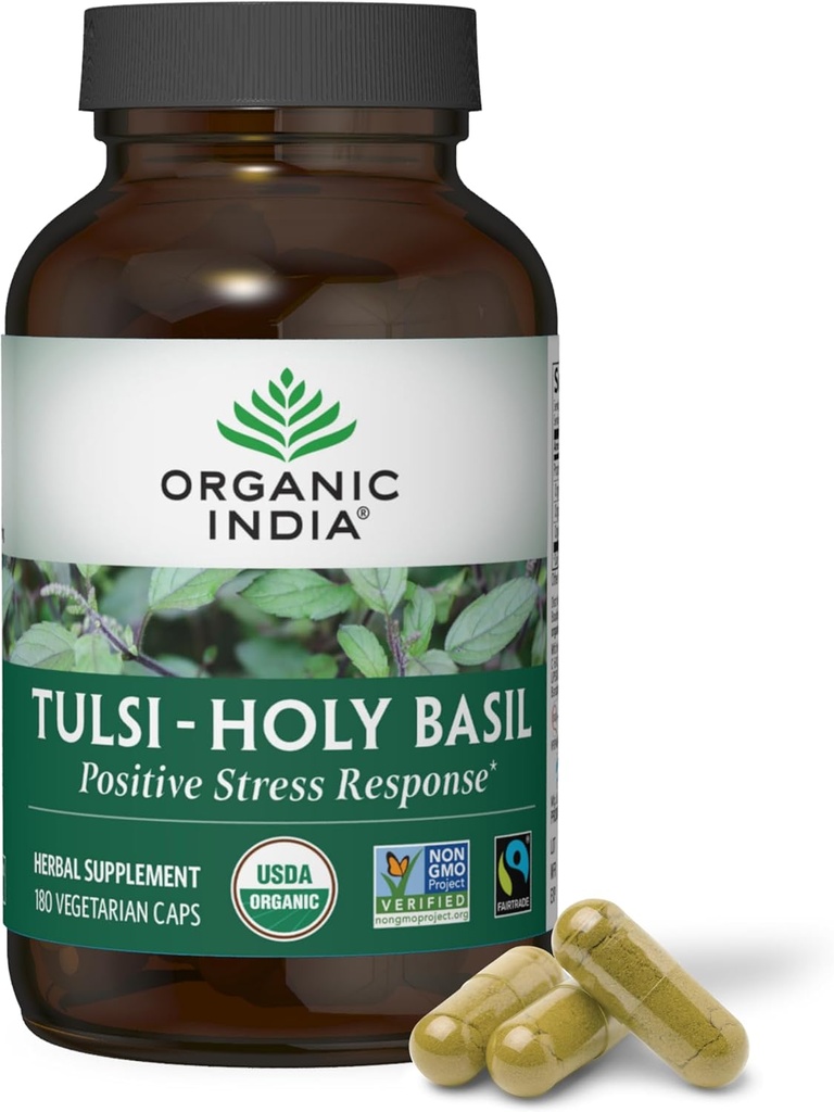ORGANIC INDIA Tulsi Holy Basil Κάψουλες - Holy Basil Extract, συμπλήρωμα βοτάνων, ανοσοποιητική υποστήριξη, ανακούφιση στρες, Vegan, χωρίς γλουτένη, Kosher, οργανικά, μη ΓΤΟ - 180 κάψουλες