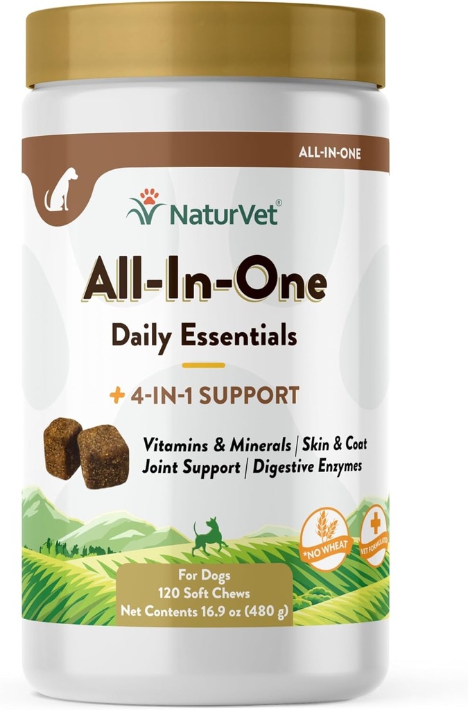 NaturVet All-in-One Dog Supplement - για κοινή υποστήριξη, πέψη, δέρμα, περιποίηση γάζας – Πολυβιταμίνες σκύλου με Ορυκτά, Ωμέγα-3, 6, 9 – Βιταμίνες χωρίς σιτάρι για σκύλους – 120 Μαλακές Μασούσες