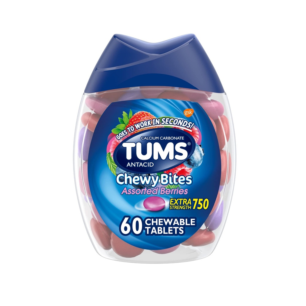 TUMS Chewy Bites Αντιόξινα δισκία για Μασώμενα Heartburn Relief and Acid Indigetion Relief, Ποικιλία μούρων - 60 Count