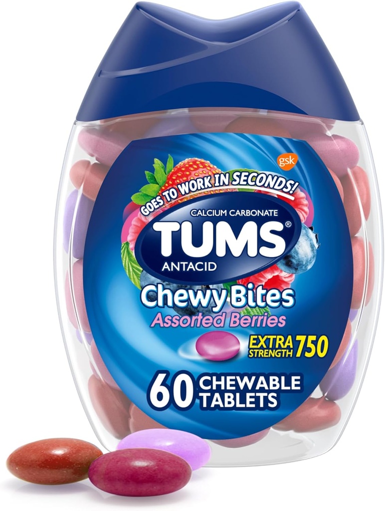 TUMS Chewy Bites Αντιόξινα δισκία για Μασώμενα Heartburn Relief and Acid Indigetion Relief, Ποικιλία μούρων - 60 Count