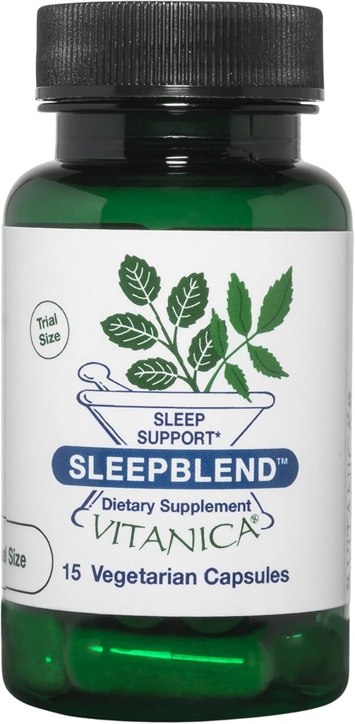 Vitanica SleepBlend - Sleep & Relaxation Υποστήριξη για τις γυναίκες - Συμπληρώματα βοτάνων με μελατονίνη, ρίζα βαλεριάνας, βιταμίνη Β2 & Β12 & μαγνήσιο - Pro Logo - 15 Vegan Caps
