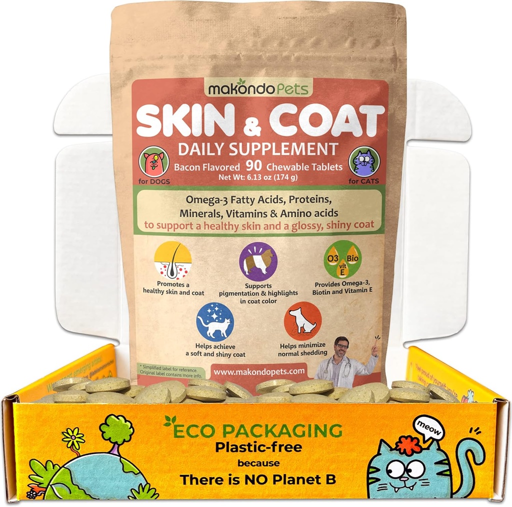 Skin and Coat Supplement with Fish Oil and Omega 3 for Dogs and Cats - Dog Itch Relief Pet Supplement for Shedding, Dry Itchy Skin and Allergies - Dog Allergy Treatment Vitamins (90 Tabs)