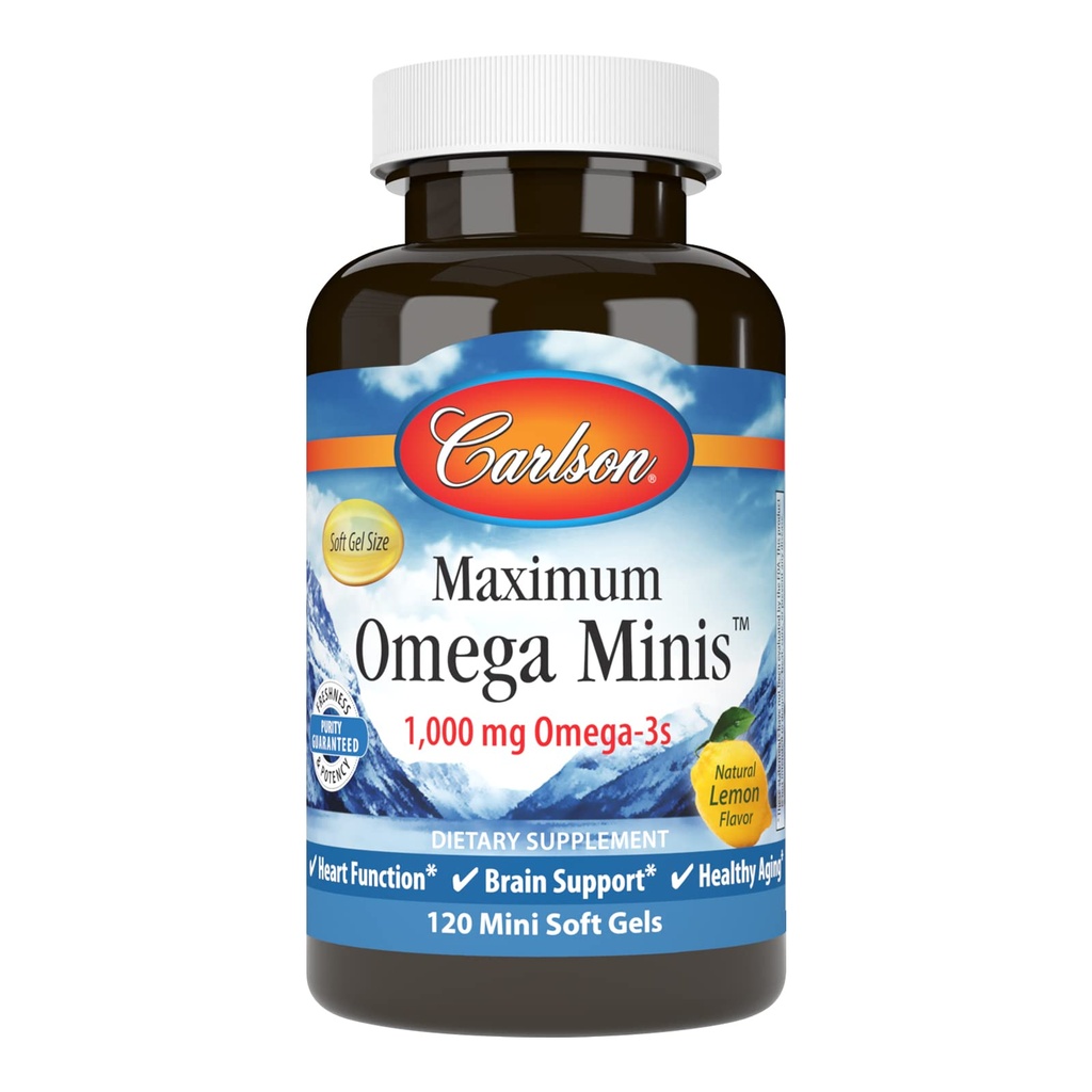 Carlson - Μέγιστη Ωμέγα Minis, 1000 mg Ωμέγα-3, λειτουργία καρδιάς, υποστήριξη εγκεφάλου & υγιή γήρανση, λεμόνι, 120 Mini Softgels