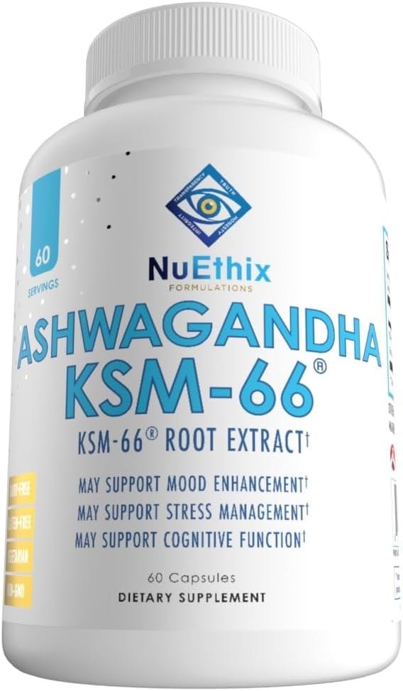NuEthix Formulations Ashwagandha KSM 66, 500mg εκχυλίσματος ρίζας KSM-66, Mood, Stress, & Cognative Support, BioPerine Black Pepper Extract, Χωρίς γλουτένη, Χορτοφαγικά, Μη ΓΤΟ, & Γαλακτοκομικά, 60 Σερβιέτες
