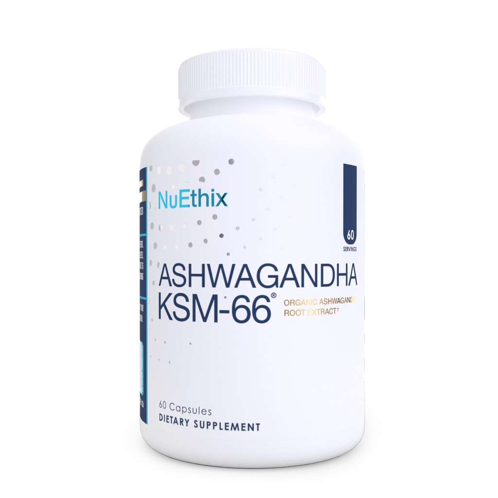 NuEthix Formulations Ashwagandha KSM 66, 500mg εκχυλίσματος ρίζας KSM-66, Mood, Stress, & Cognative Support, BioPerine Black Pepper Extract, Χωρίς γλουτένη, Χορτοφαγικά, Μη ΓΤΟ, & Γαλακτοκομικά, 60 Σερβιέτες