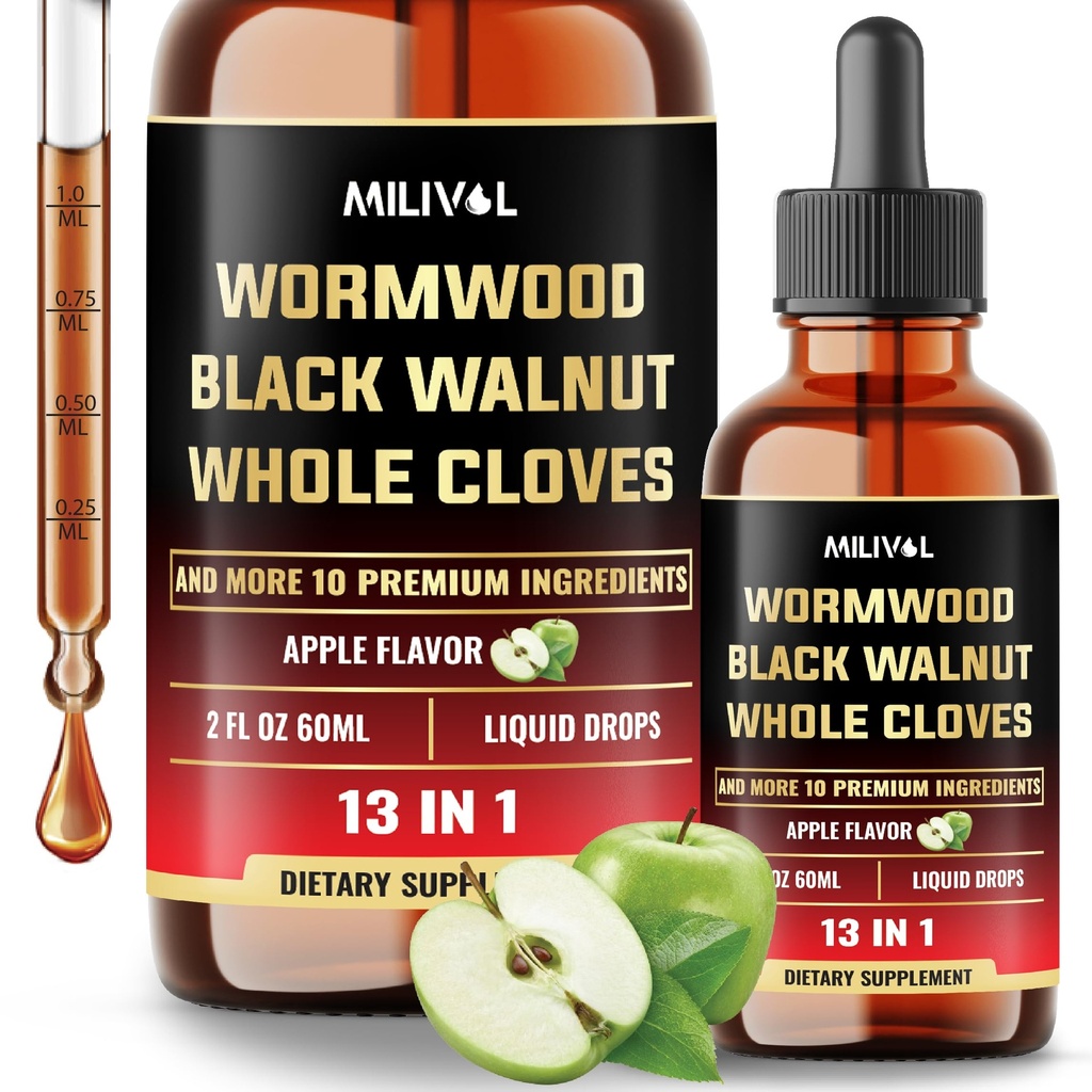 13in1 Wormwood Liquid Drops - 1900mg Black Walnut Wormwood Liquid Extract with Whole Cloves & More - 60 Day Supply - 2 Fl Oz