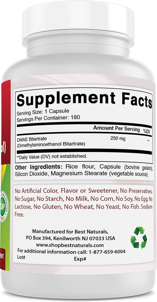 Best Naturals DMAE Supplement 250 mg & βιταμίνη Β1 ως Thiamine Mononitrate 100 mg