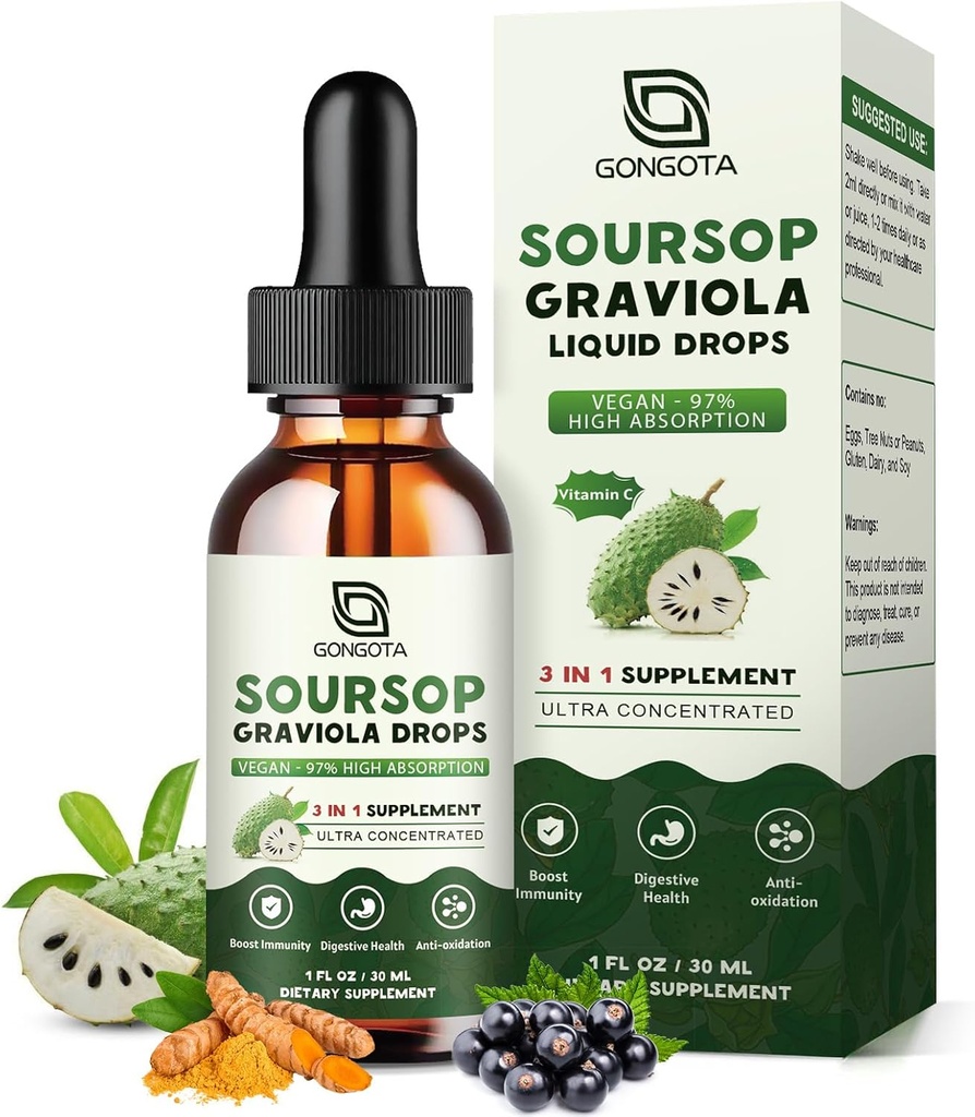Soursop Graviola Liquid Drops, Βιολογικά Soursop Bitters με Elderberry & Turmeric για Cellular,Immune, Digestive Support, Εκχυλίσματα βοτάνων, Χωρίς ζάχαρη / Gluten Free - 1 fl oz