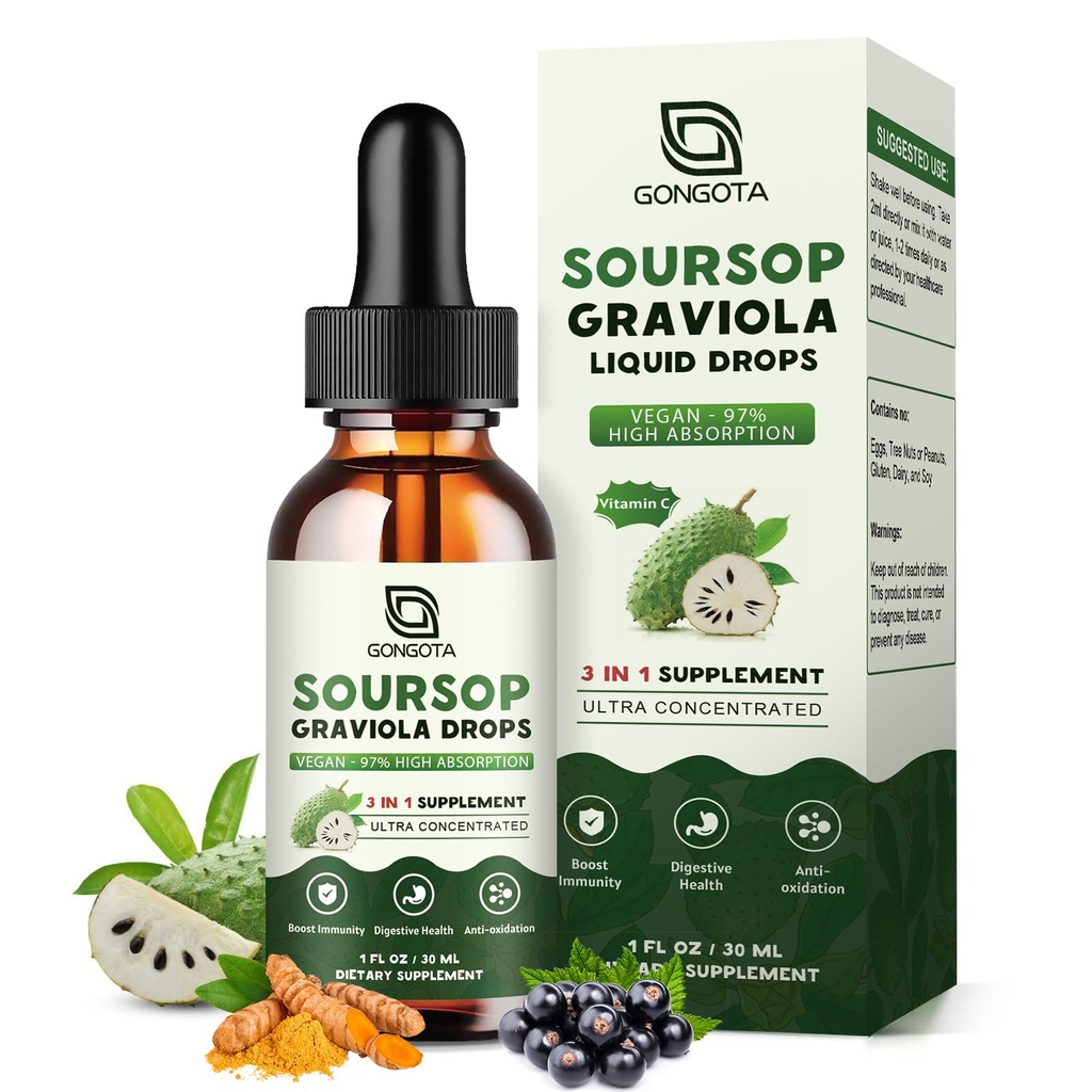 Soursop Graviola Liquid Drops, Βιολογικά Soursop Bitters με Elderberry & Turmeric για Cellular,Immune, Digestive Support, Εκχυλίσματα βοτάνων, Χωρίς ζάχαρη / Gluten Free - 1 fl oz