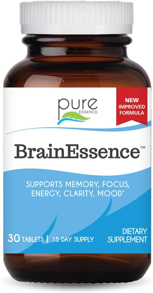 PURE ESSENCE LABS Brain Ess - Memory Supplement & Vitamin for Men, Women & Adults - Herbal Booster for Memory, Focus, Clarity & Stress Relief - Bakopa Monnieri, Ashwagandha & More (30 Tablets)