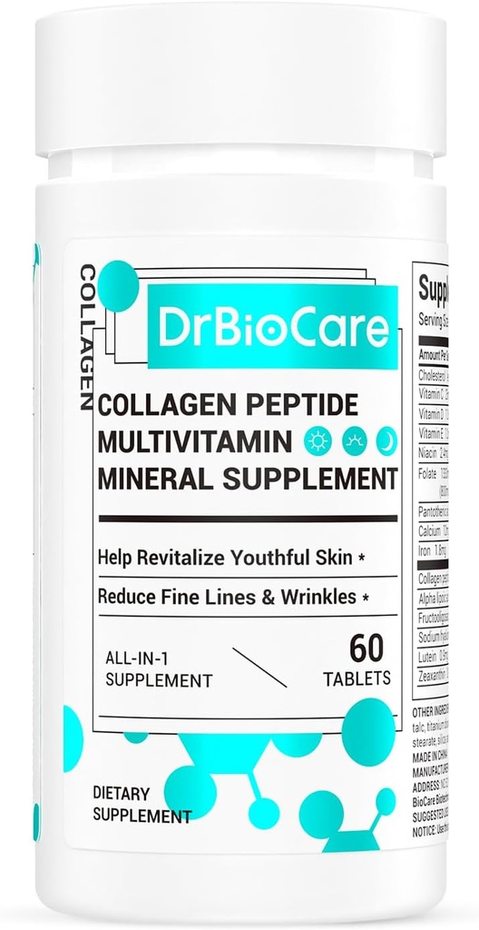 DrBioCare Collagen Peptides για γυναίκες, βιταμίνη ομορφιάς & συμπλήρωμα μετάλλων,Περιέχει βιταμίνη D3, προβιοτικά για γυναίκες & κολλαγόνο Peptides, σύμπλεγμα βιταμινών Β, βιταμίνη Ε 60 δισκία